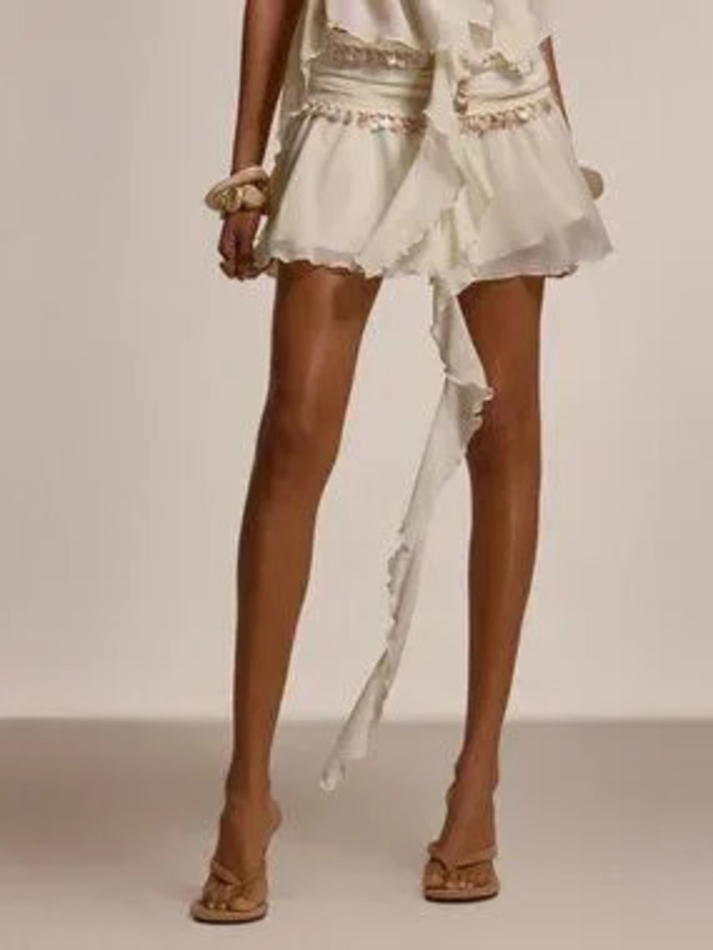 ZARA Beige Casual Women's Embellished Ruched Flowy Asymmetric Midi Skirt